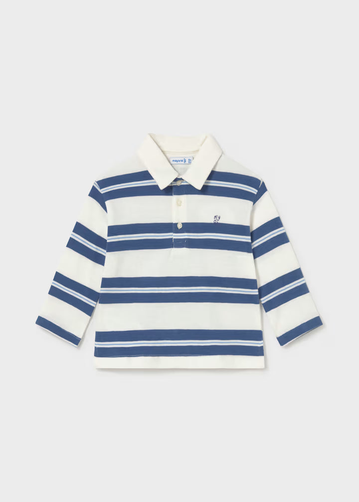 Cotton long sleeve polo with indigo blue stripes, white collar, three front buttons, and small embroidered logo on left chest. Available in sizes XS to XL.