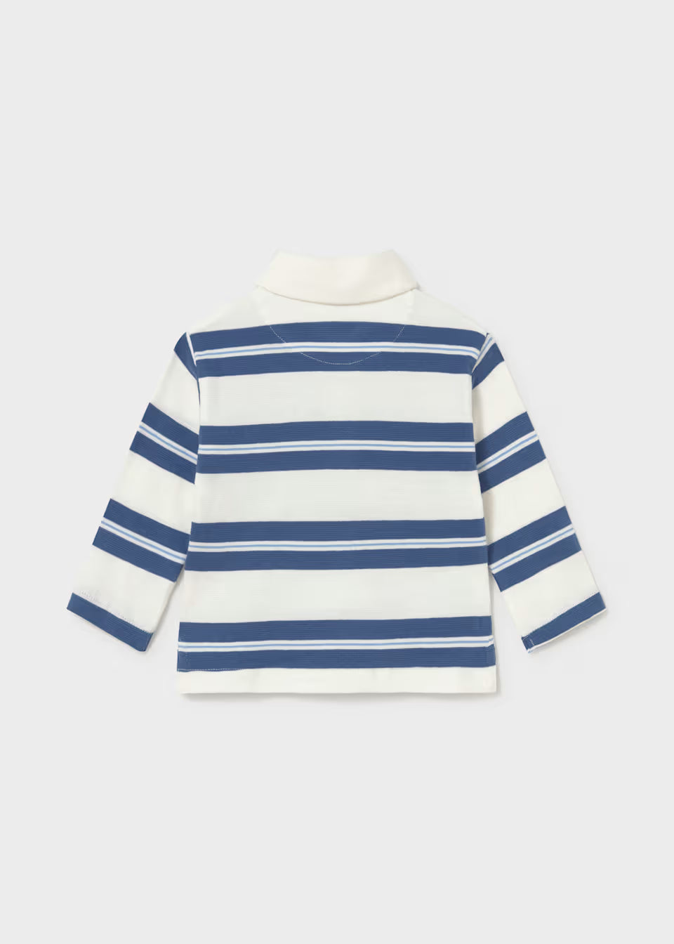 Back view of the Little Boy Indigo Striped Long Sleeve Polo, a cotton children’s shirt with wide indigo stripes and white accents. Collared, long sleeves. Available in sizes 2T-7.