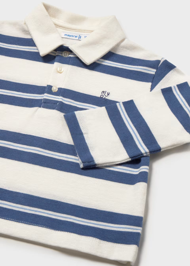 Cotton long sleeve polo with indigo blue and white horizontal stripes, three-button collar, and small “my” embroidered logo on the chest. Available in sizes 2T-7.