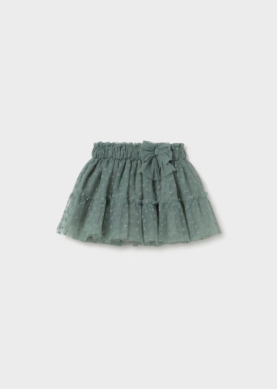 Laurel Green Baby Tulle Skirt with elastic waistband, decorative bow, embroidered hearts, small dotted pattern, and layered ruffle design. Available in sizes 0-3M, 3-6M, 6-12M, and 12-24M.