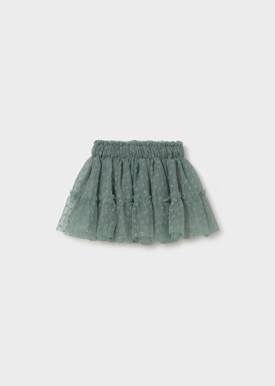 Laurel Green Baby Tulle Skirt with ruffled tulle, small white polka dots, and elastic waistband. Available in sizes 0-3M, 3-6M, 6-12M, and 12-18M.