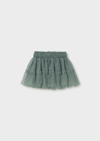 Laurel Green Baby Tulle Skirt with ruffled tulle, small white polka dots, and elastic waistband. Available in sizes 0-3M, 3-6M, 6-12M, and 12-18M.