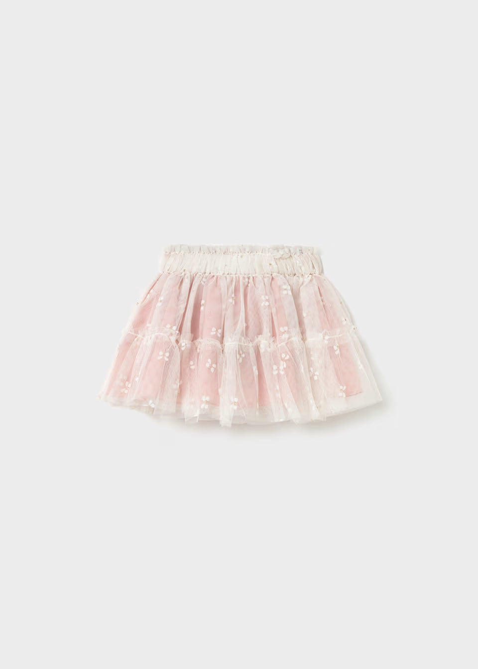 Pink tulle skirt with white floral embroidery, embroidered butterflies, layered design, and elastic waistband. Available in sizes 2T-5T.