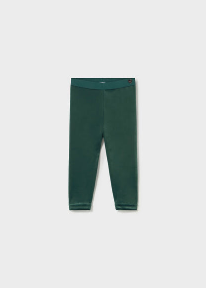 Baby Velvet Leggings in Water Lily shade, dark green ultra-soft velvet, elastic waistband, ankle length. Available in sizes 0-3M to 24M.