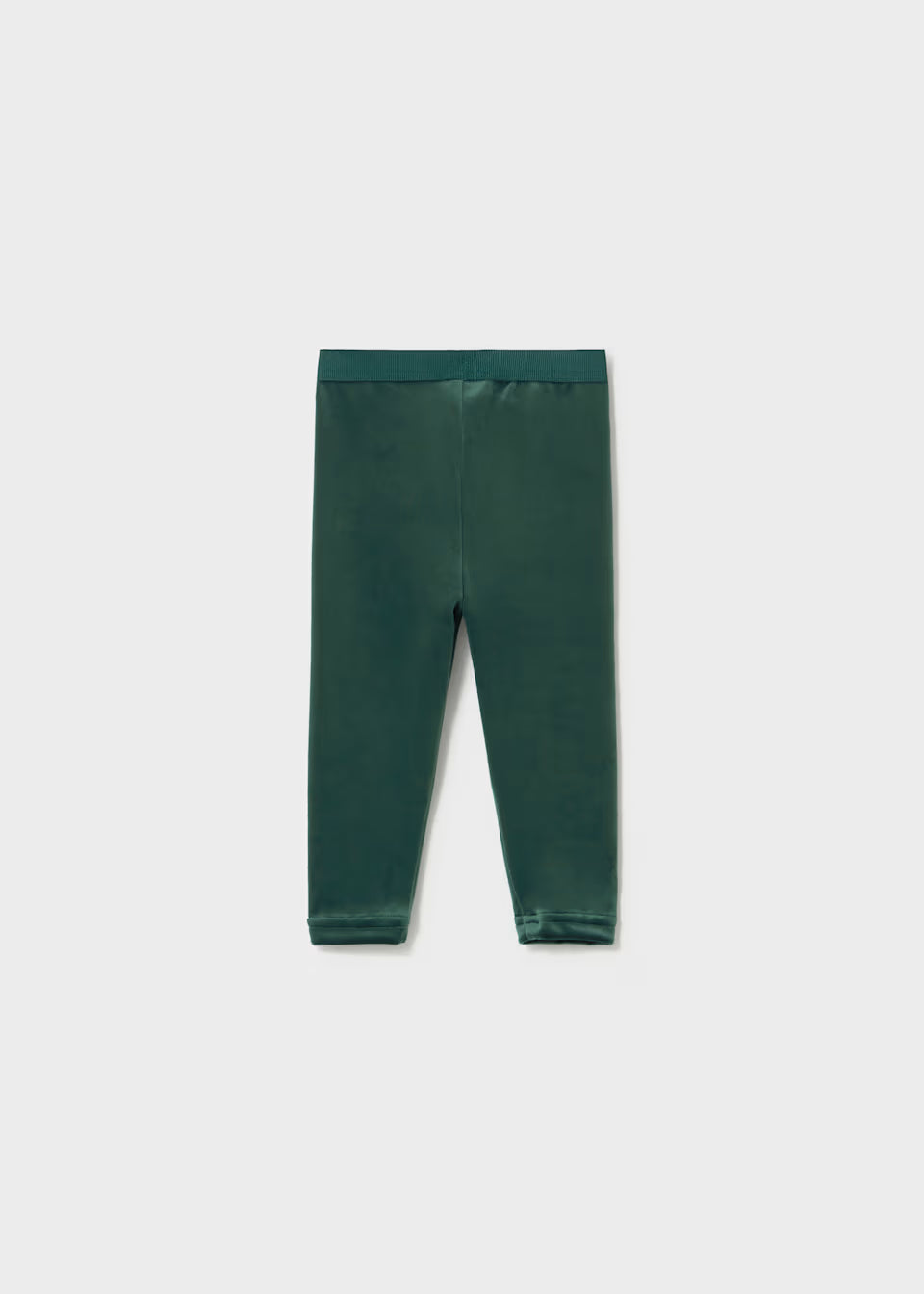 Baby Velvet Leggings in Water Lily dark green velvet with elastic waistband, available in sizes 0-24 months.