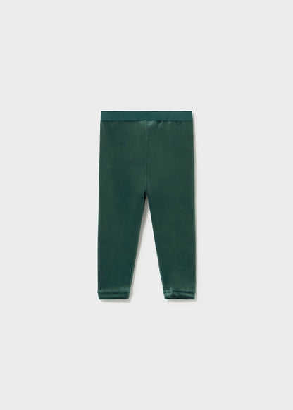 Baby Velvet Leggings in Water Lily dark green velvet with elastic waistband, available in sizes 0-24 months.