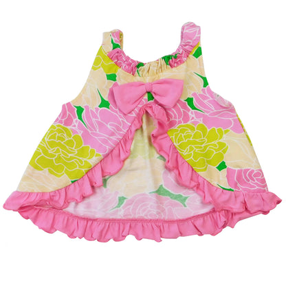 Pink floral swing tank top with yellow accents, pink ruffle trim, and large front bow. Available in toddler sizes 12M-4T.