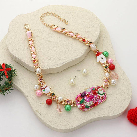 Stone Embellished Enamel Christmas Plate Charm Necklace