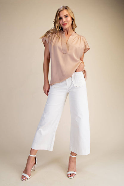 Colette White Cropped Wide-Leg Scallop Pocket Detail Pants, sizes XS-XL.
