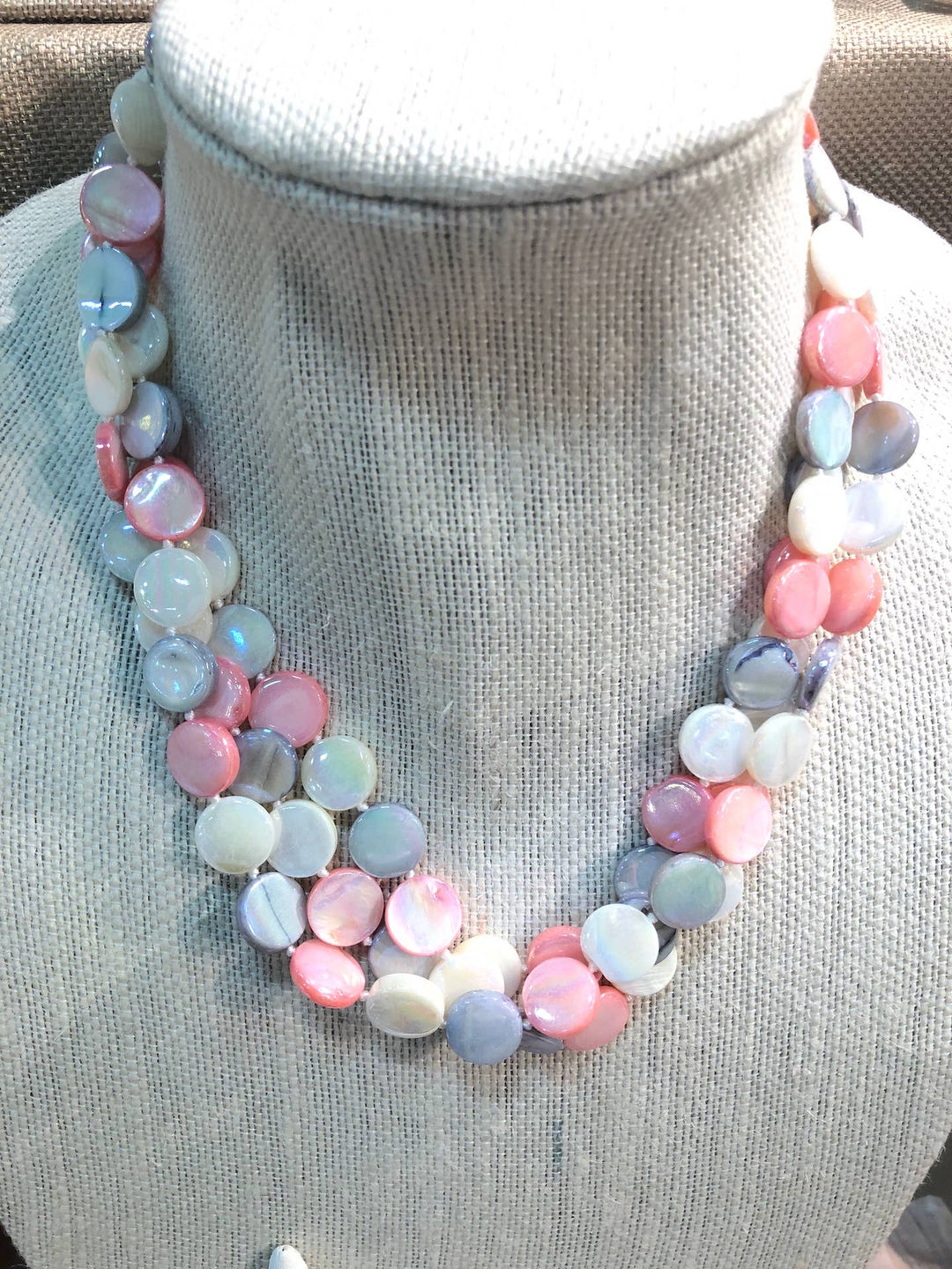 Mother of Pearl 3 Strand Necklace with magnetic clasp, pastel round beads in pink, lavender, white &amp; blue. Sizes: 16", 18", 20".
