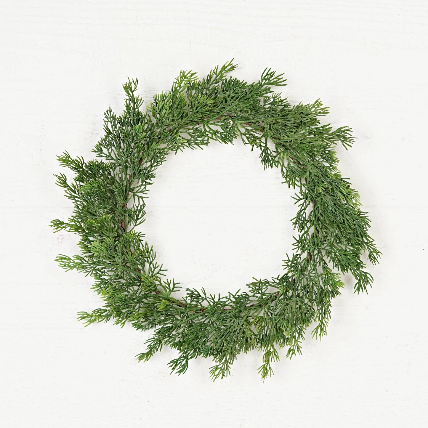 Circular Plate Charger-Evergreen Soft Touch Cedar, 14in diameter (inner 8.5in), designed to look like a green wreath of pine and cedar.
