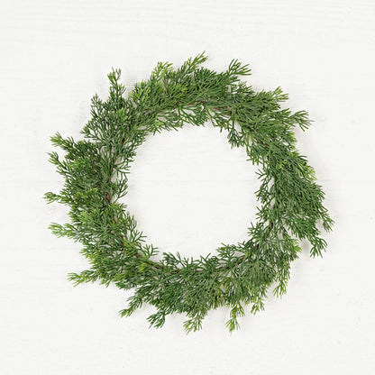 Circular Plate Charger-Evergreen Soft Touch Cedar, 14in diameter (inner 8.5in), designed to look like a green wreath of pine and cedar.