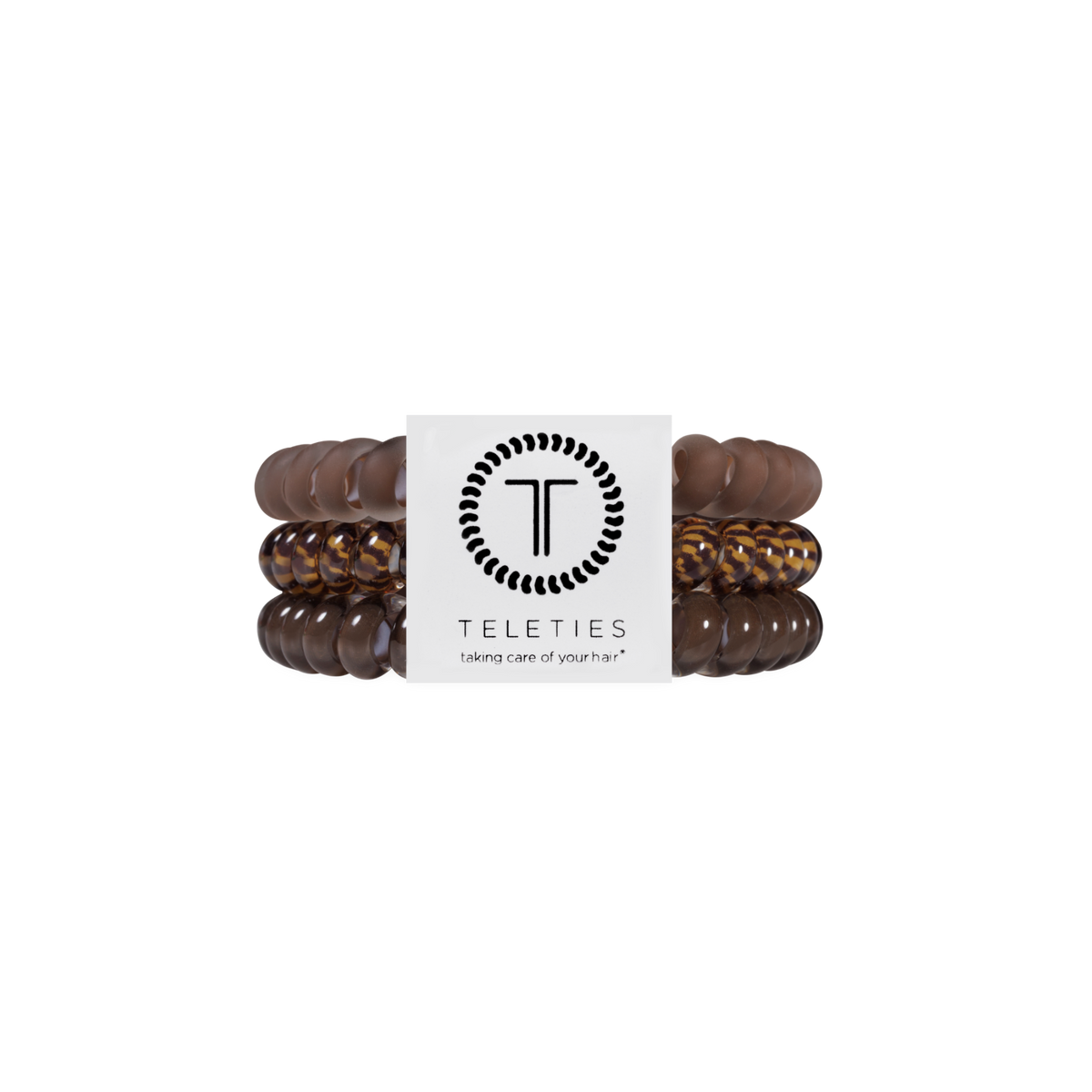 Set of three TELETIES Morning Brew Small Hair Ties with a brown spiral coil design and a white branded label at the center. Available in small size. Waterproof, no-crease, and designed to prevent dents and kinks.