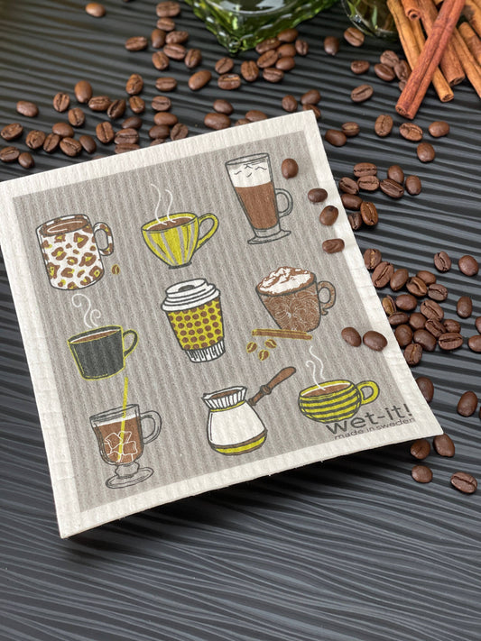 Decorative Swedish Cloth napkin with illustrations of eight coffee drinks. Available in multiple sizes.