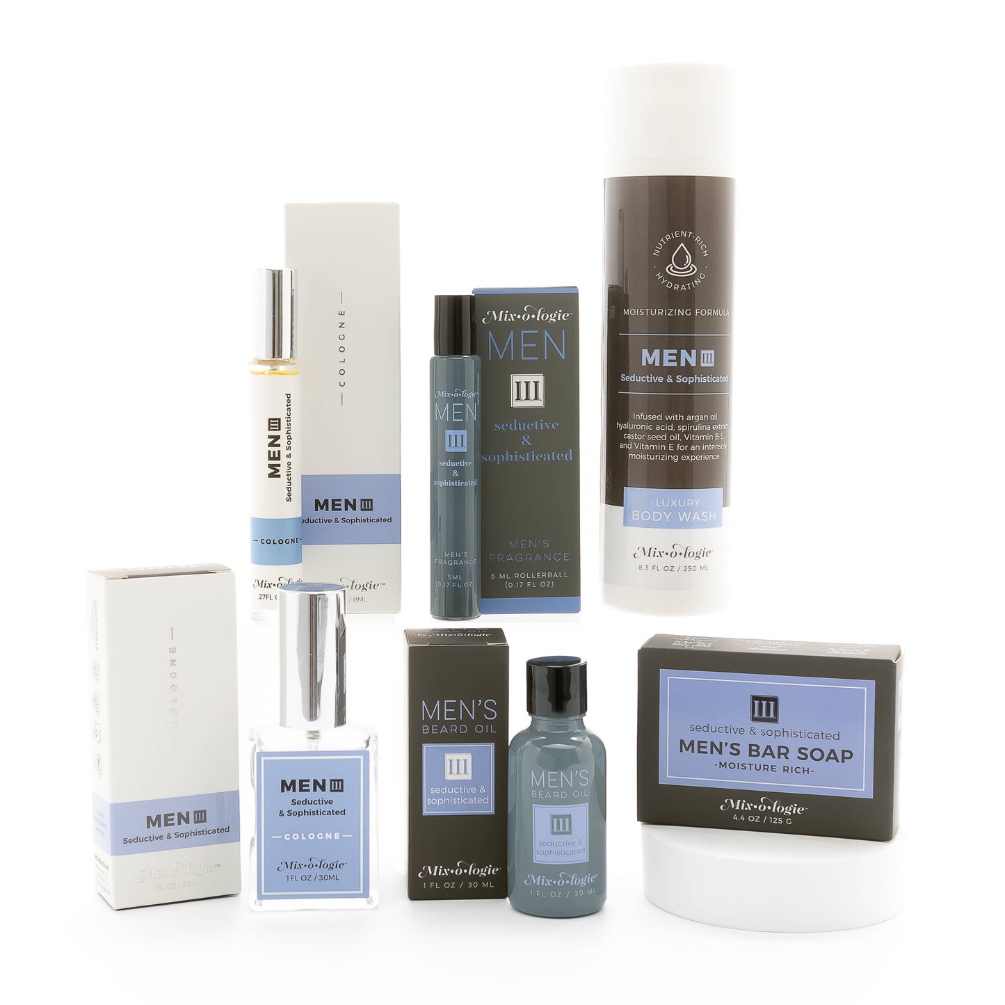 Mixologie Men III Cologne RollOn, alcohol-free, blue/white/black packaging. Available in 5 mL and 15 mL sizes.