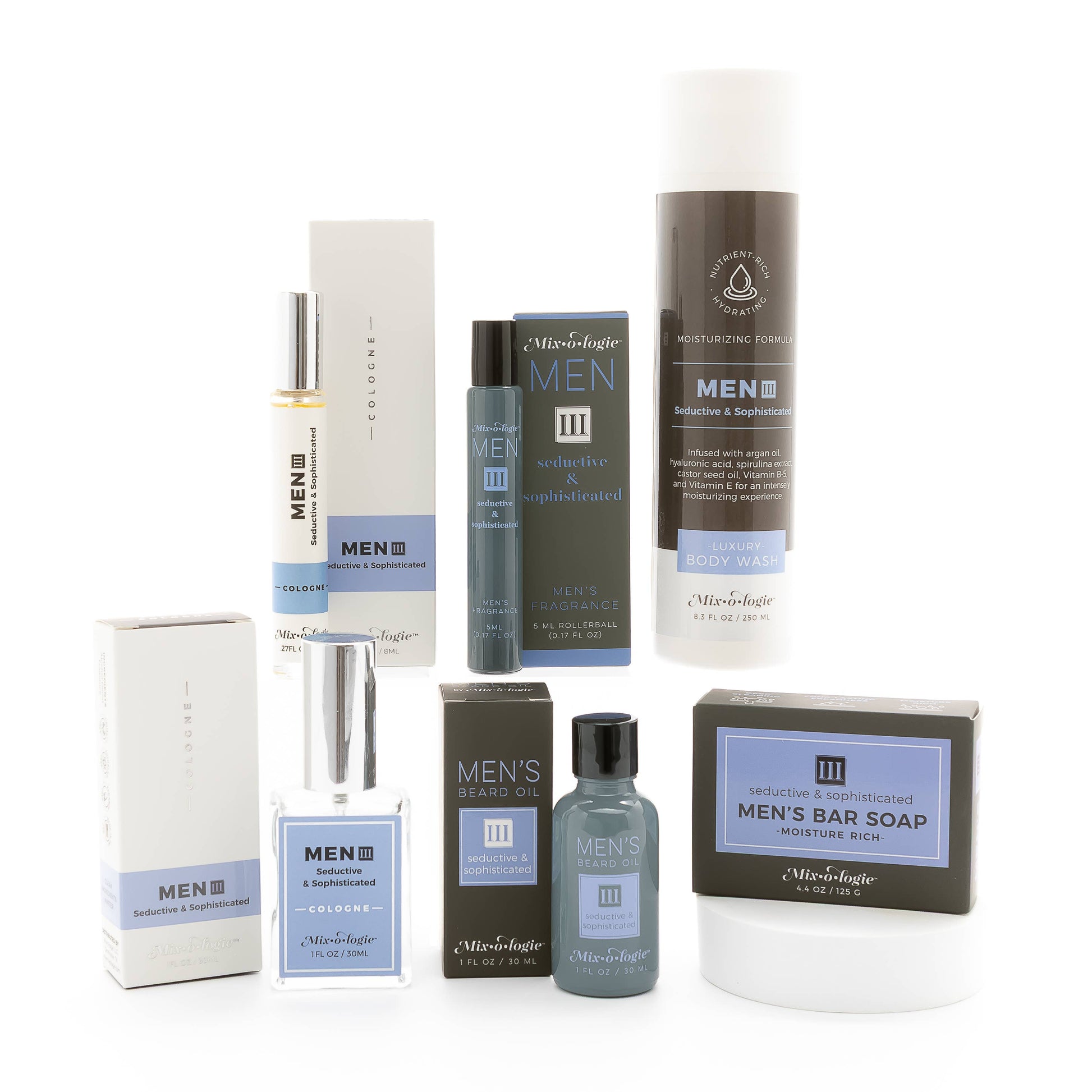Mixologie Men III Cologne RollOn, alcohol-free, blue/white/black packaging. Available in 5 mL and 15 mL sizes.