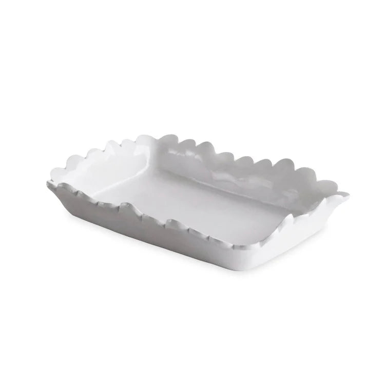 Rectangular white ceramic guest towel holder with ruffled, wavy edges. Available in one standard size.