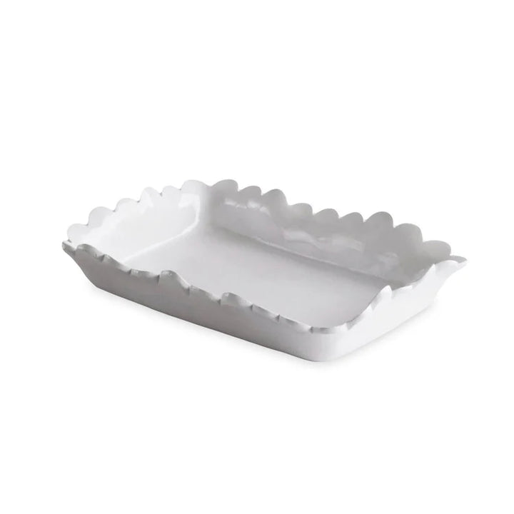 Rectangular white ceramic guest towel holder with ruffled, wavy edges. Available in one standard size.