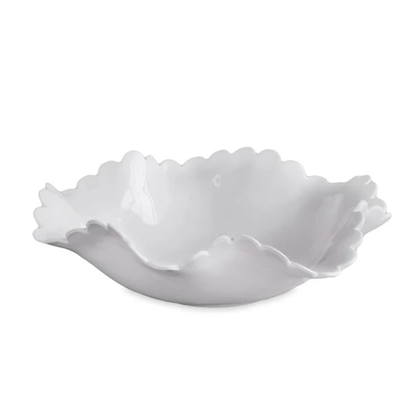 White melamine bowl with wavy, scalloped edge and glossy finish. Available size: small.