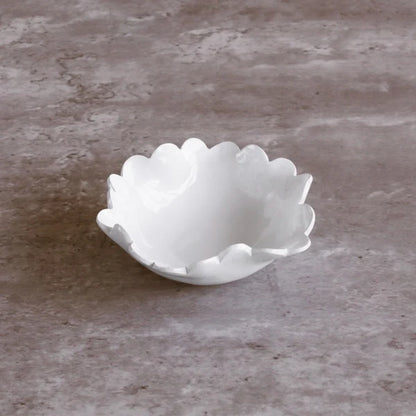Set of four small white VIDA Colette Mini Bowls with scalloped edges; available in mini size; luxury melamine.
