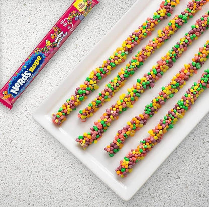Six NERDS Rope Clusters Original Rainbow sticks, coated in multicolored candies. Available in 0.92 oz and 5 oz sizes.