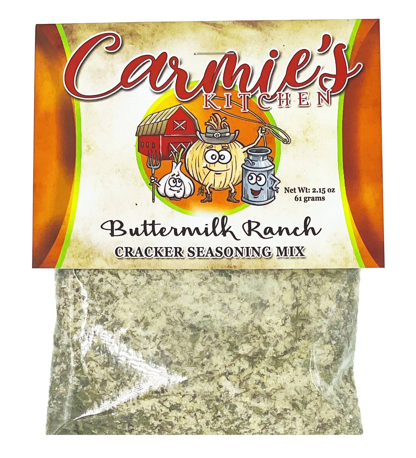 Buttermilk Ranch Cracker Seasoning packet with clear pouch showing dip mix. Available in 1 oz and 5 oz sizes.