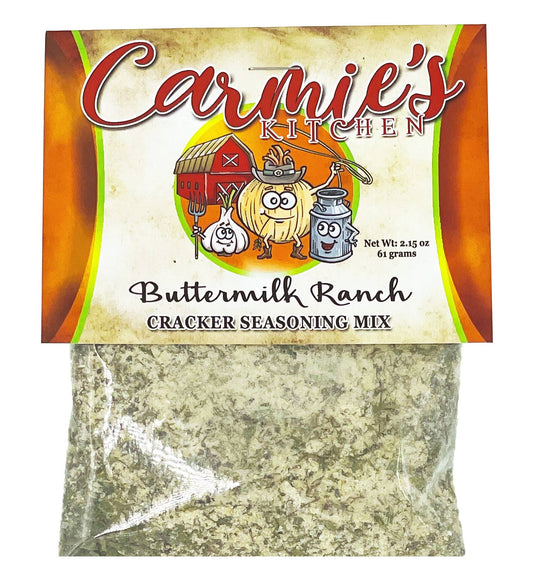 Buttermilk Ranch Cracker Seasoning packet with clear pouch showing dip mix. Available in 1 oz and 5 oz sizes.