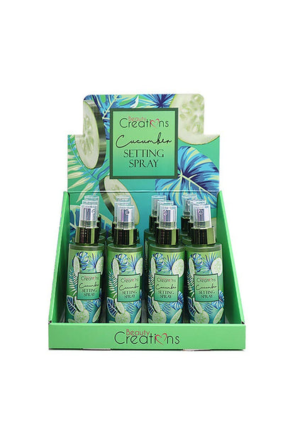 Beauty Creations SPN03 Cucumber Setting Spray, 8 bottles in display box with leaf and cucumber design. Size: not specified.