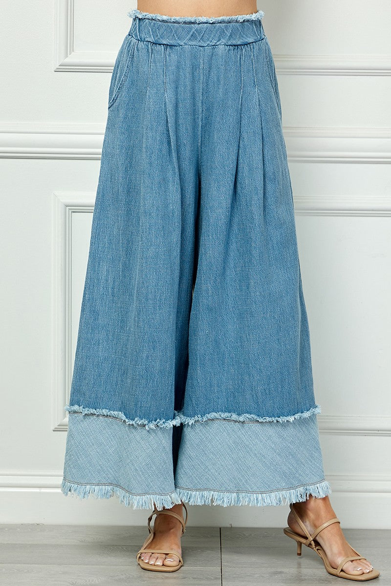 Fringe Detail Wide Denim Pants with wide legs, frayed hems, layered panels; available in sizes XS-XL.