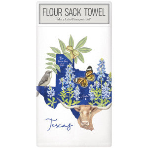 The Texas State Symbols Large Tea Towel showcases Texas pride with a blue design of the state silhouette, flowers, leaves, butterfly, bird, and a foliage-adorned cow's head. Available in one large size.