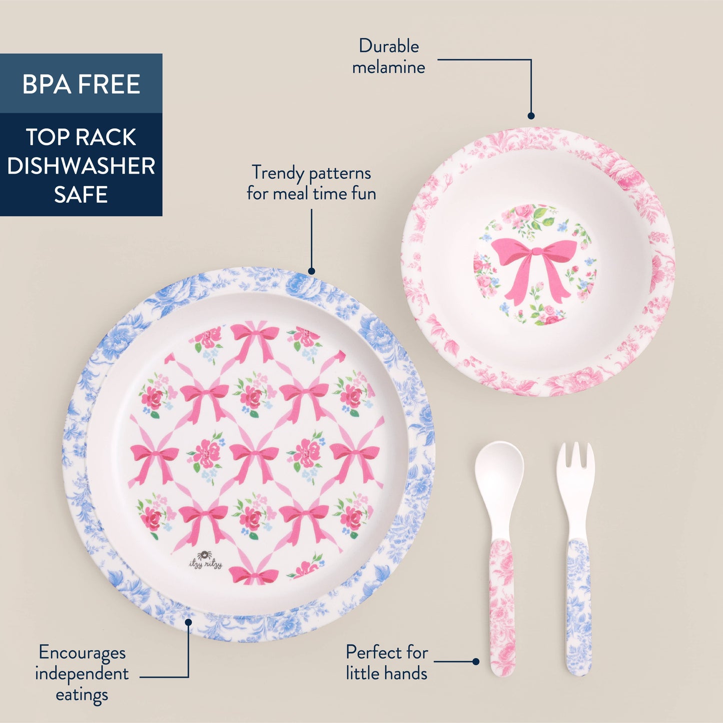 Itzy Bistro™ 4-piece set: blue/pink floral plate, pink bowl with bow, matching spoon and fork. BPA-free. Dishwasher safe. Sizes vary.