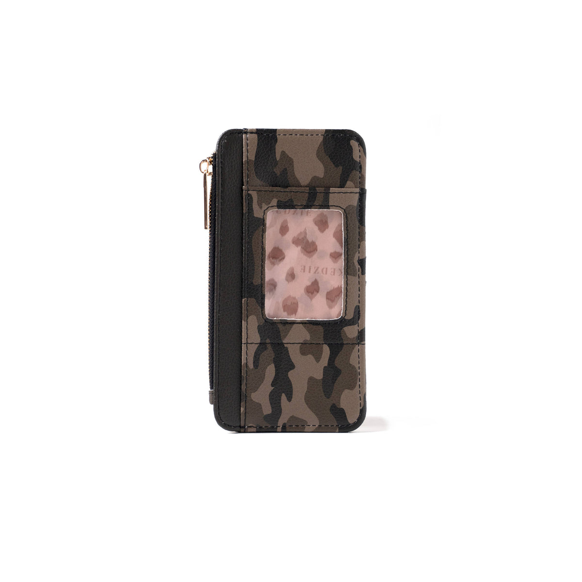Camouflage-print vegan leather wallet with transparent ID window, gold zipper, and card slots. Sizes available: not specified.