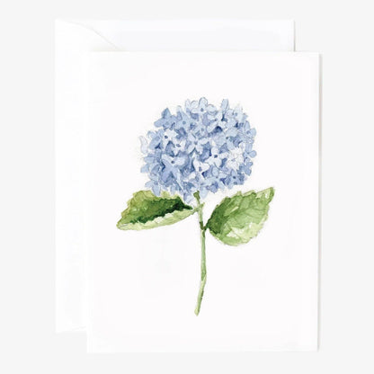 Hydrangea stem notecard with watercolor blue hydrangea and green leaves. Available sizes: 4x6", 5x7". Blank inside.