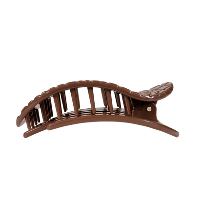 Brown Crocodile Large Flat Round Hair Clip with curved design, interlocking teeth, and sleek brown plastic finish. Available in large size.
