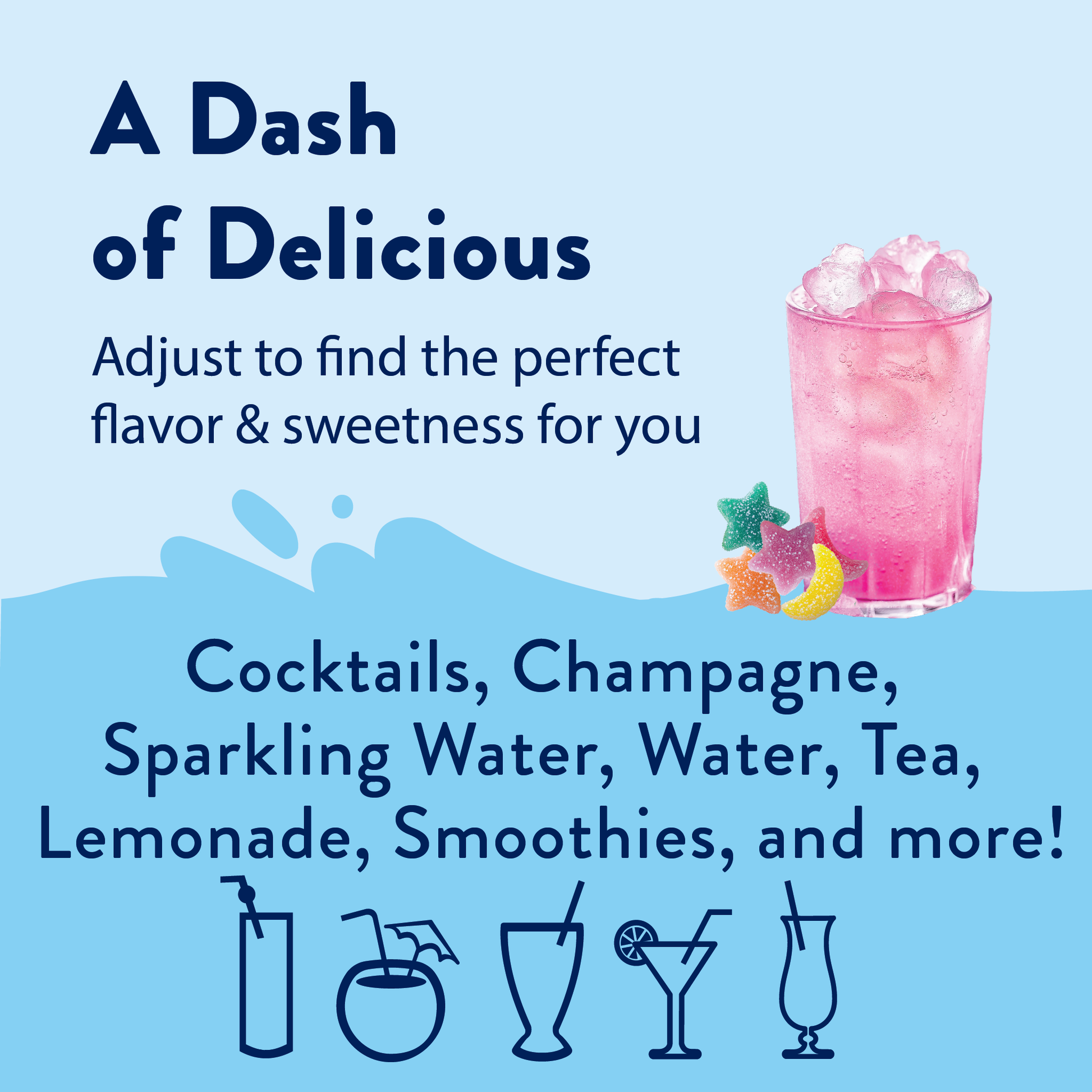 Sugar Free Sour Fairy Dust Syrup in a pink drink with ice and gummies. Available in 375ml and 750ml sizes.