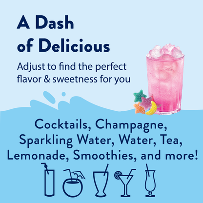 Sugar Free Sour Fairy Dust Syrup in a pink drink with ice and gummies. Available in 375ml and 750ml sizes.