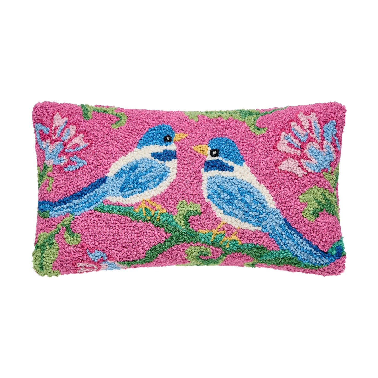 Rectangular pink wool pillow with two blue birds on green branches and pink and blue flowers, textured hooked design, soft velvet backing. Available sizes: 12″x22″.