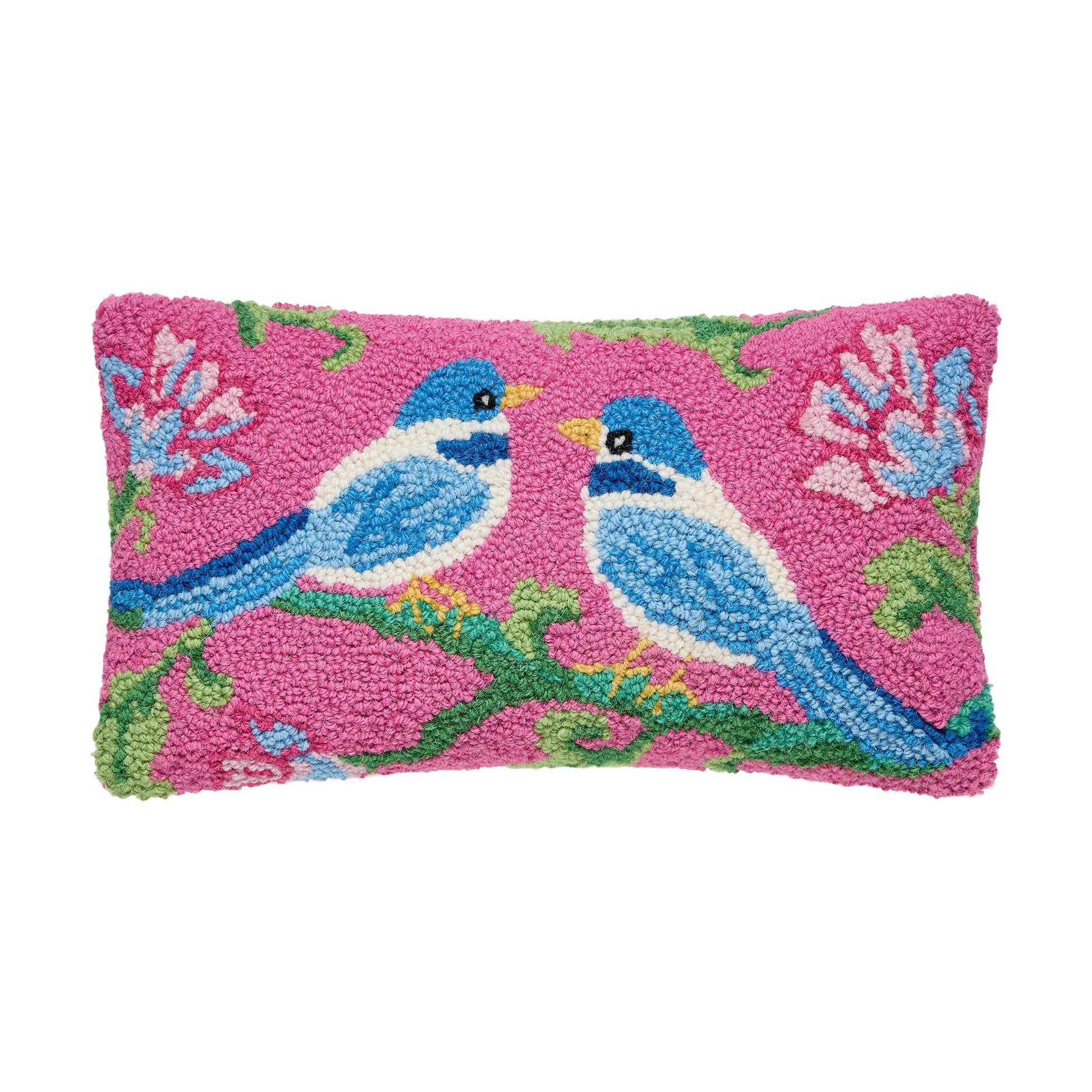 Rectangular pink wool pillow with two blue birds on green branches and pink and blue flowers, textured hooked design, soft velvet backing. Available sizes: 12″x22″.
