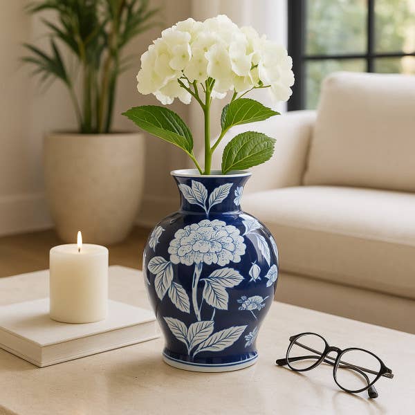 Blue Floral Chinoiserie Ceramic Vase, 9 in., filled with white hydrangea. Available in multiple sizes.