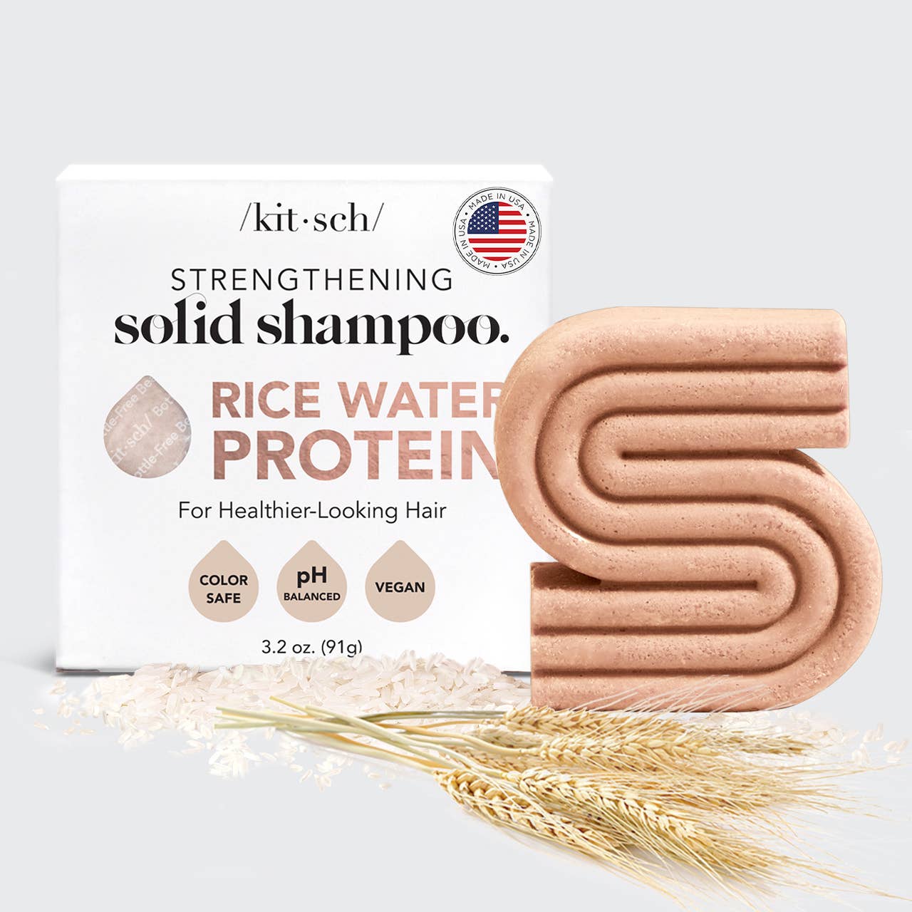 Rice Water Protein Shampoo Bar box, color safe, vegan, pH balanced, available in 3.2 oz size.