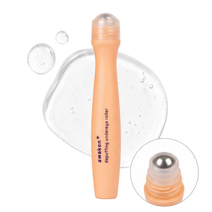 Peach-colored Depuffing Under Eye Roller with Caffeine & Vitamin C, shown with metal roller tip. Sizes available: 10ml and 15ml.