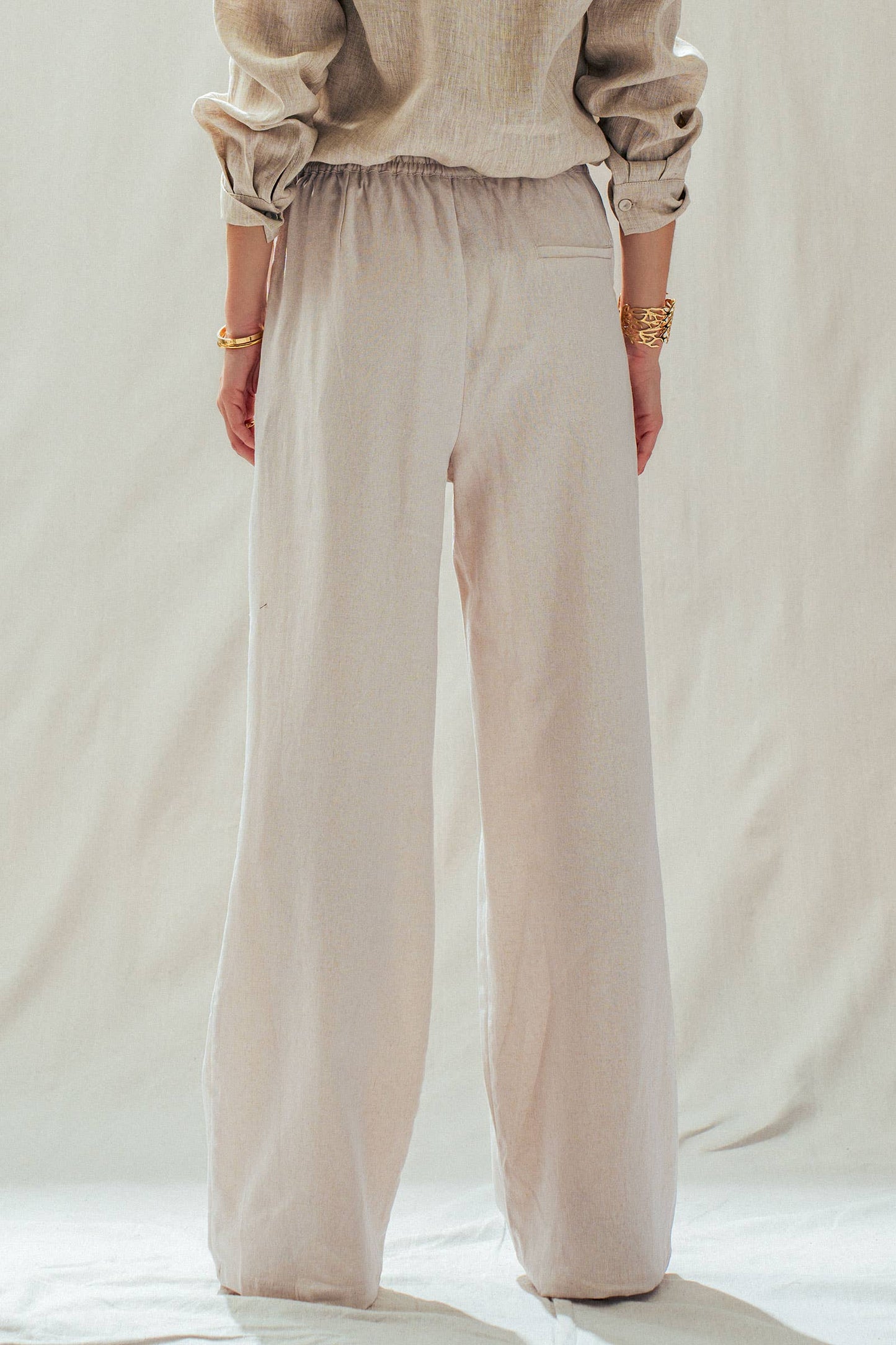 Natural Linen Blend Wide Leg Drawstring Pants in light beige, available in sizes XS-XL.