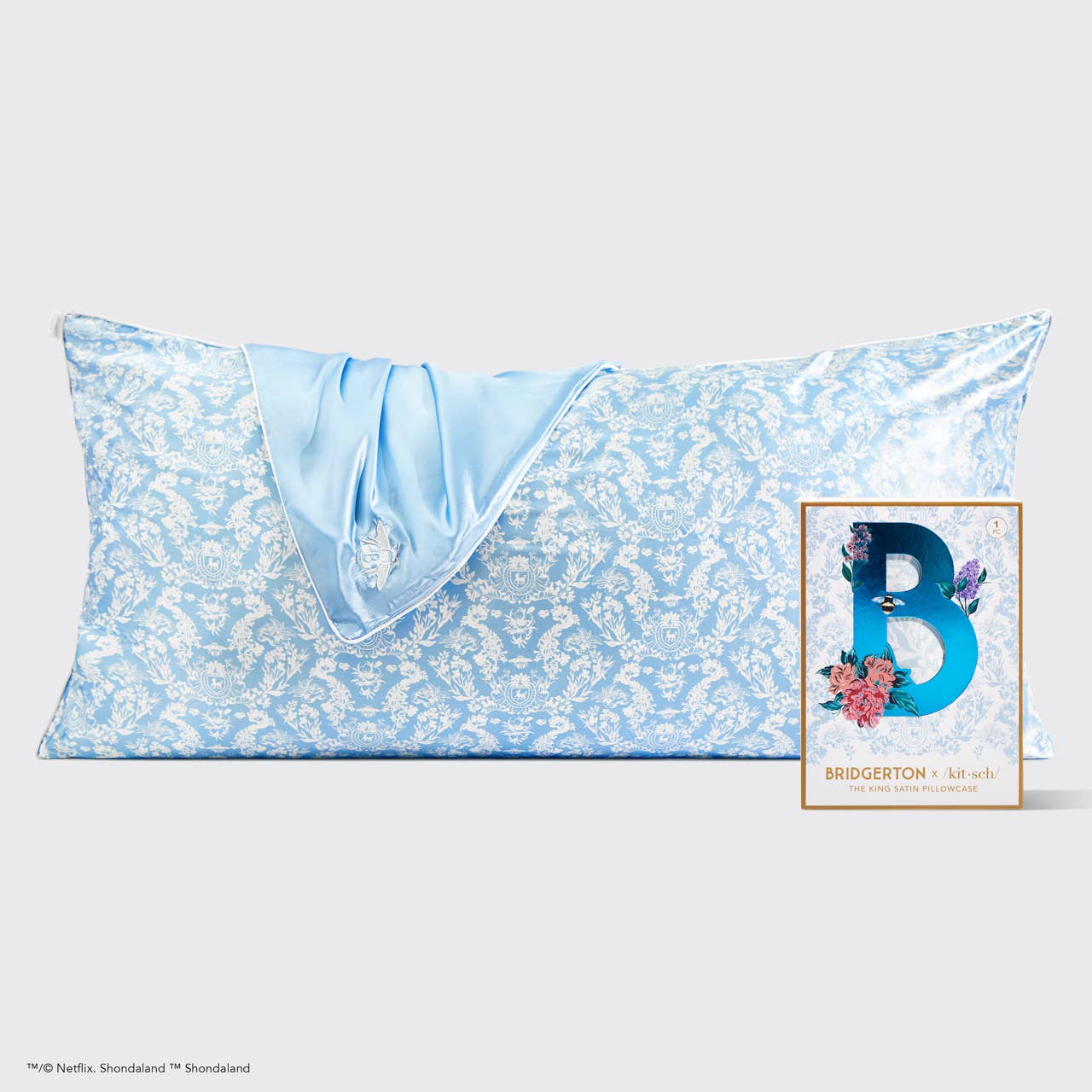 Kitsch x Bridgerton King Satin Pillowcase in Toile De Blue, king size; smooth blue satin finish.