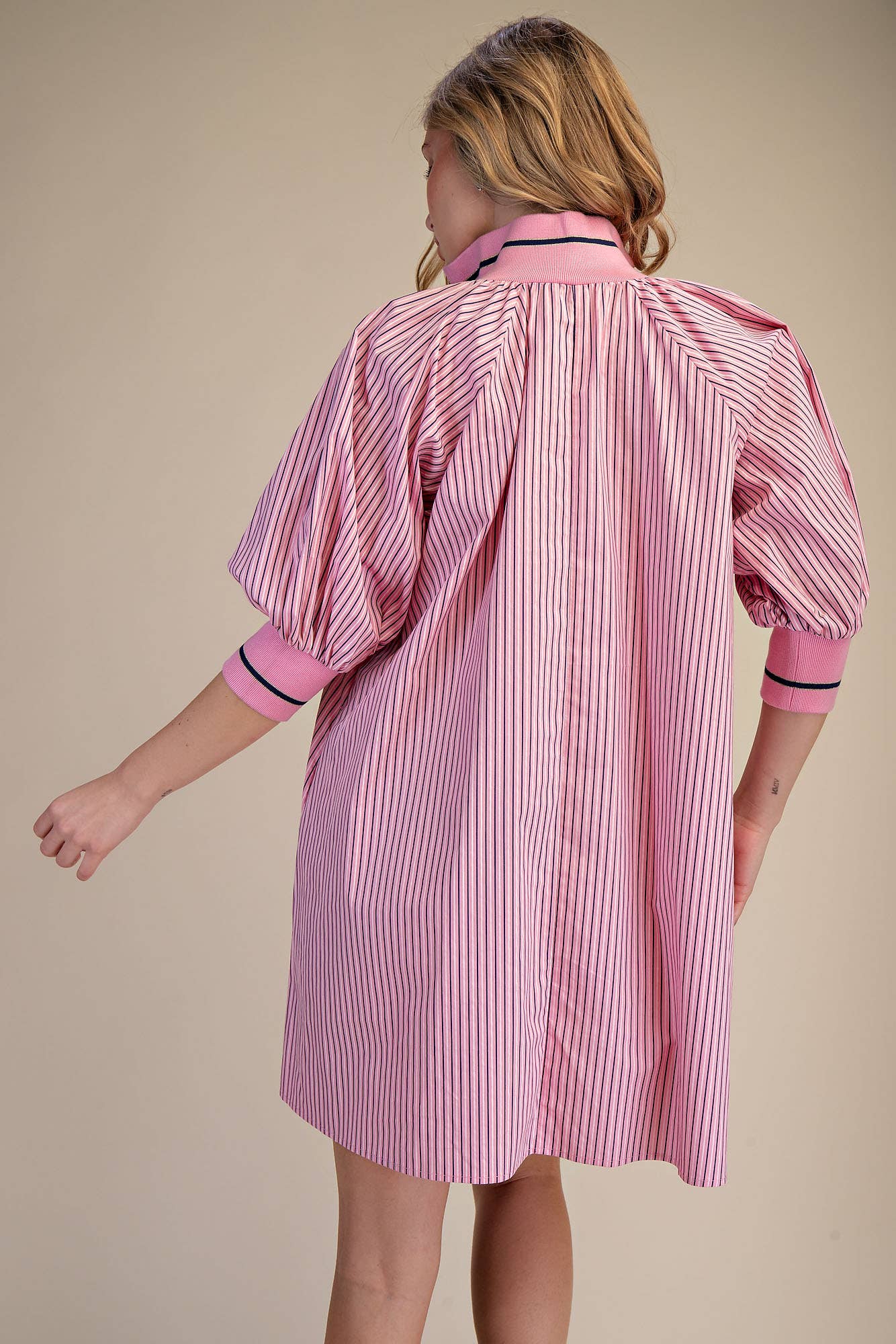 Pink Mock Neck Band Puff Sleeve Dress with pink and white stripes, dark pink trim. Available in sizes XS–XL.