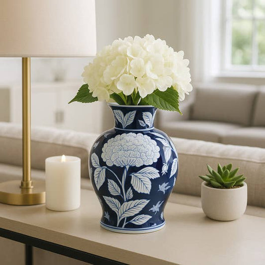 Blue Ceramic Floral Chinoiserie Decorative Vase, 9 in., filled with white hydrangeas. Available size: 9 in.