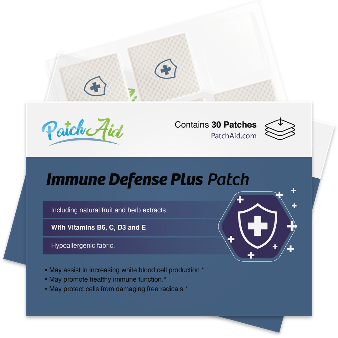 Immune Defense Plus Patch 1-Pack with 30 vitamin patches containing zinc, vitamin C, and D for immune support. Packaging features shield icon and transdermal delivery claims. Size: 1-Pack (30 patches).