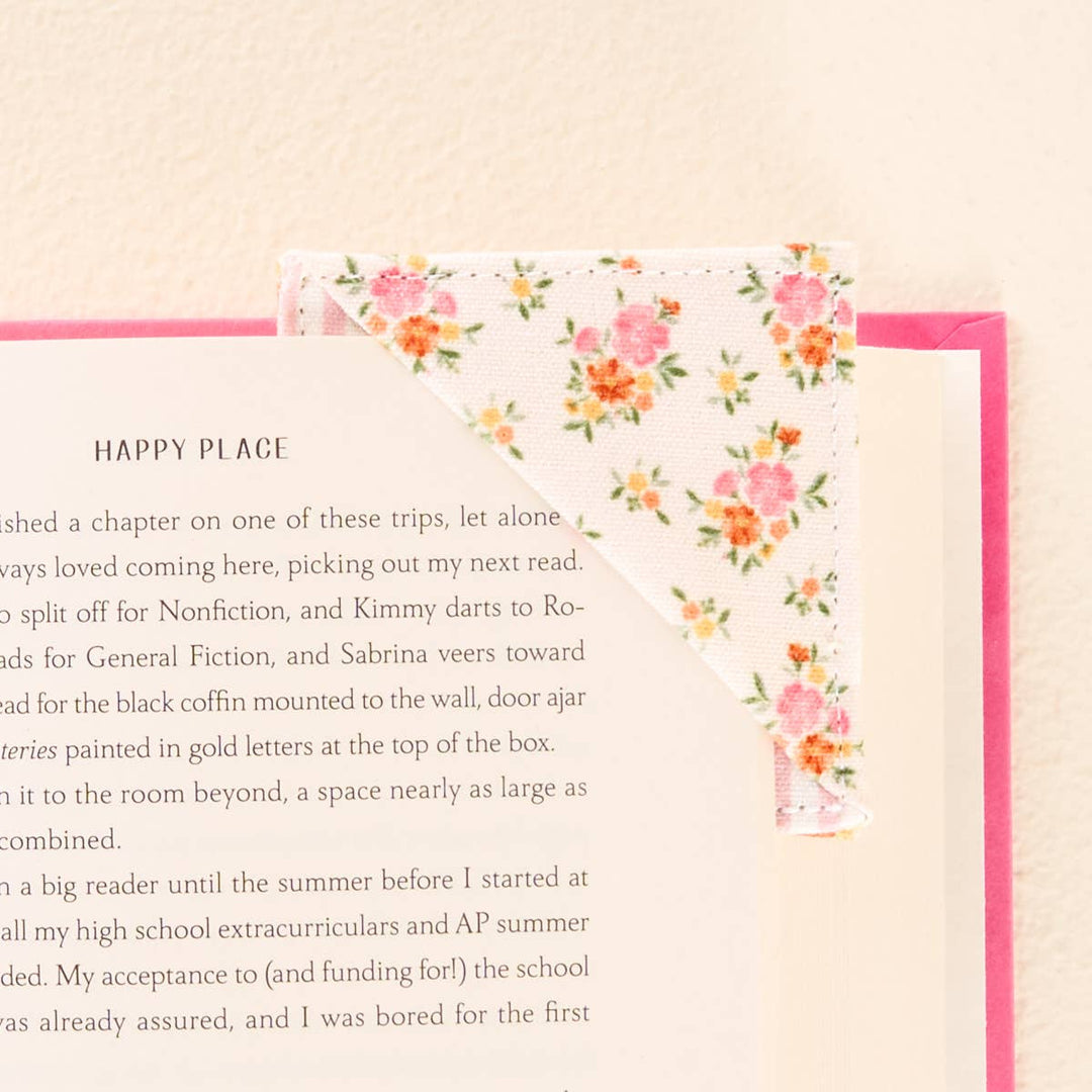 Corner Keeper Fabric Bookmark in Endless Daydream Cream clipped to book corner; available in small and large sizes.