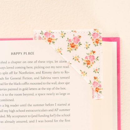 Corner Keeper Fabric Bookmark in Endless Daydream Cream clipped to book corner; available in small and large sizes.