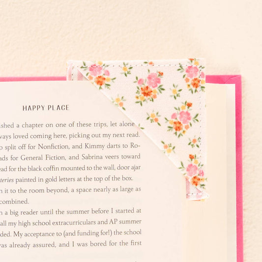 Corner Keeper Fabric Bookmark in Endless Daydream Cream clipped to book corner; available in small and large sizes.