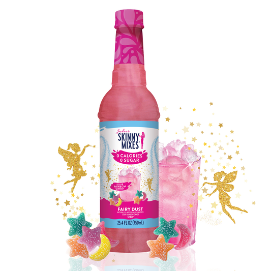 Pink "Sugar Free Sour Fairy Dust Syrup" bottle; available in 12oz and 24oz sizes; keto-friendly.